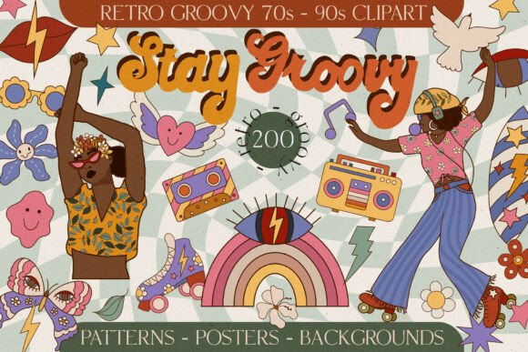 Download Retro Groovy 80s 90 Digital Boho Clipart - Digital boho Collection